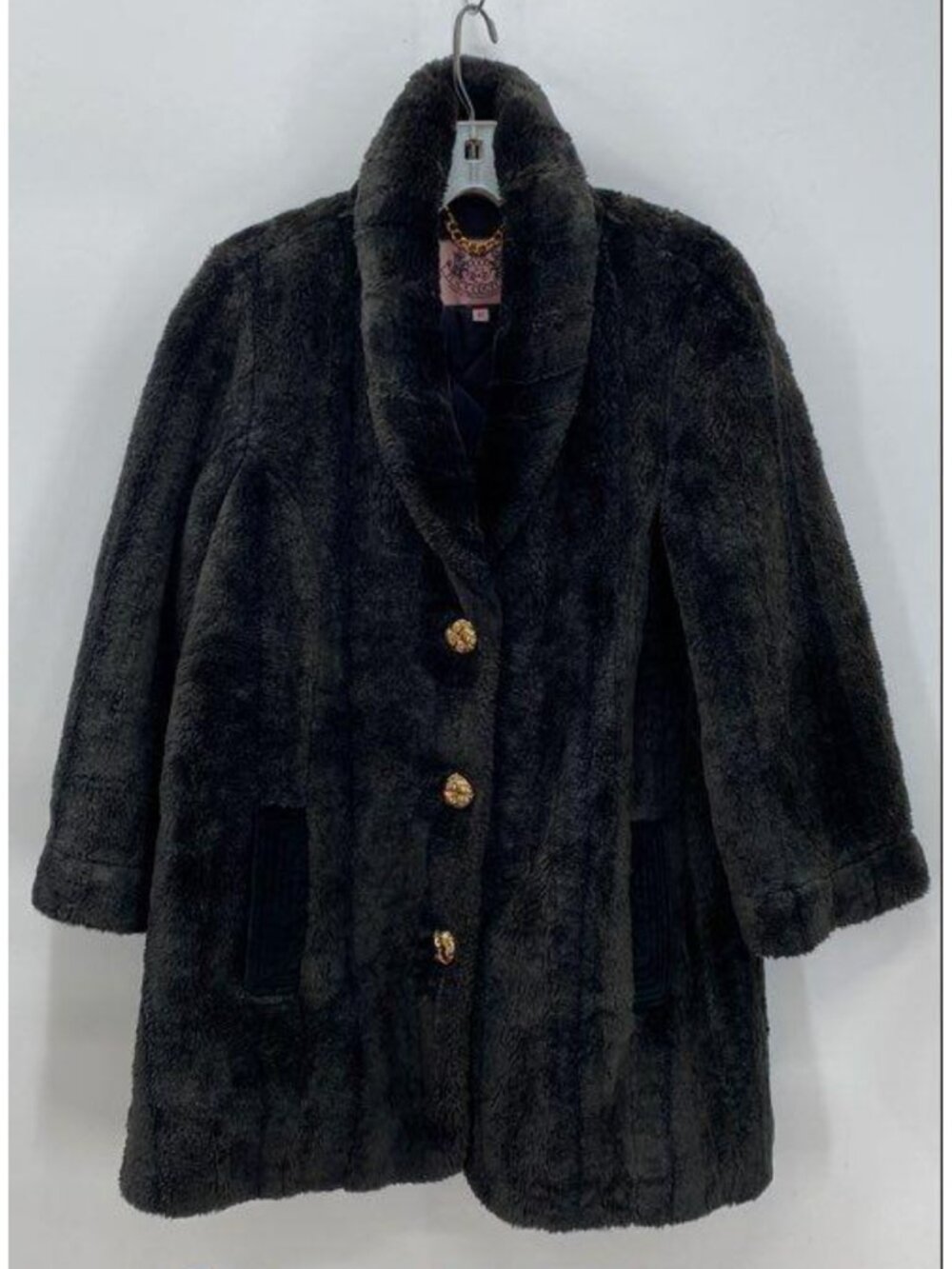 VTG Juicy Couture Archival Pink Tag Heavy Faux Fur Shawl Collar Coat M Black
